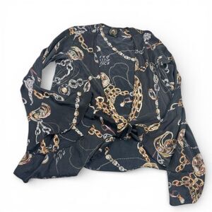 Aum Couture Silk Tie Front Blouse Baroque Luxe Chain Print Lightweight Shirt M